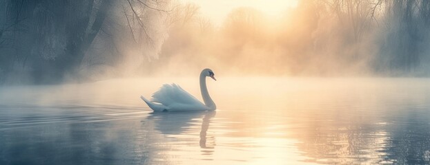 A Solo Swan's Silhouette Against the Soft Glow of a Foggy Sunrise.