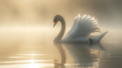 white swan swimming in foggy water at sunrise