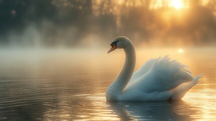 The Quiet Elegance of a White Swan Swimming in the Serene, Foggy Waters at Daybreak.