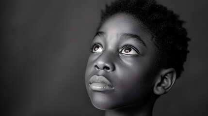 Retrato en blanco y negro de niño negro joven, morena de ojos negros, primer plano, con fondo desenfocado - obrazy, fototapety, plakaty