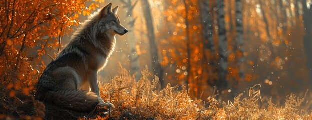 a wolf sitting around a rock in the forest