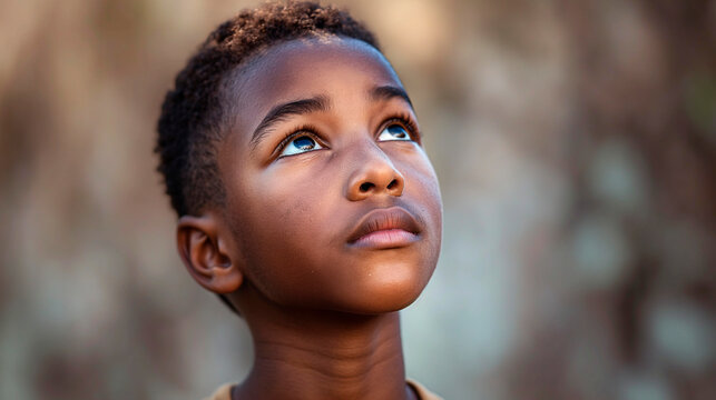 Retrato de niño negro joven, morena de ojos negros, primer plano, con fondo desenfocado