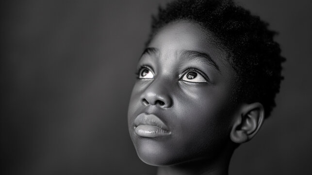 Retrato en blanco y negro de niño negro joven, morena de ojos negros, primer plano, con fondo desenfocado