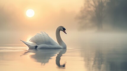 Daybreak's Reflection: A White Swan in Harmony with the Lake, Illuminated by Sunrise.