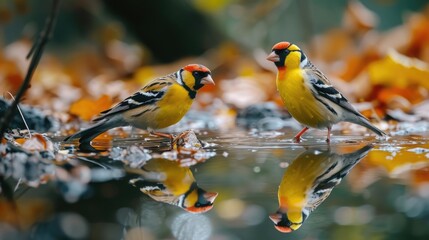 Avian Refreshment: Goldfinches Quenching Their Thirst by the Pond.