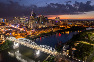 Nashville Cityscape over Pedestrian Bridge after Sunset