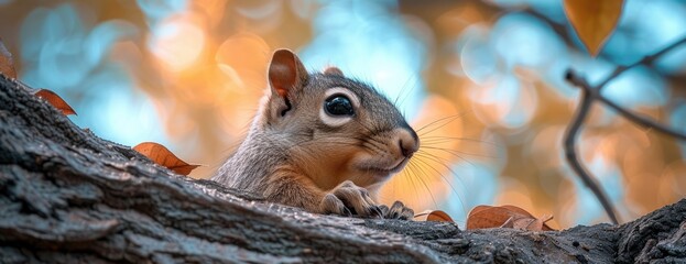 Squirrel Perched on Tree Branch with Green Leaves.