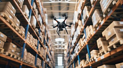 drones hovering over aisles in a warehouse, diligently scanning barcodes for precise inventory management, showcasing the seamless integration of technology into the supply chain.
