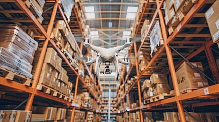 drones hovering over aisles in a warehouse, diligently scanning barcodes for precise inventory management, showcasing the seamless integration of technology into the supply chain. - obrazy, fototapety, plakaty