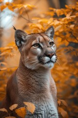 Obraz premium a mountain lion in autumn leaves, in the style of spectacular backdrops