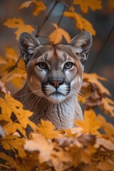 Obraz premium Mountain Lion Amidst Autumn Leaves