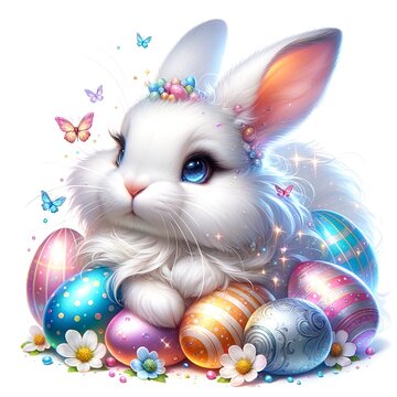 Cute  illustration of a white bunny, holiday card, banner with cute bunny and colorful eggs.