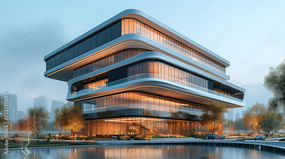 Poster architectural design renderings, modern style five-story office building design, the building has a 