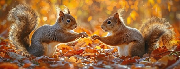 Fototapeta premium Social Squirrels: Interaction Between Two Squirrels Post-Feeding.