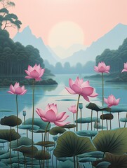 Tranquil Lotus Pond Art: Floating Flowers in a Vintage Landscape