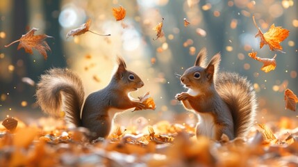 Fototapeta premium Paw Communication: Emotive Body Language Displayed by Two Squirrels on Leaf-Covered Terrain.