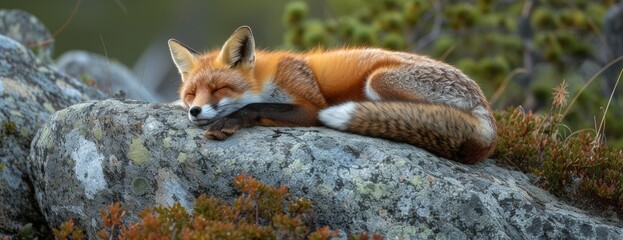 Obraz premium a beautiful red fox sleeping on a rock