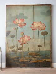 Tranquil Pond Wall Art: Floating Lotus Scene in Vintage Landscape
