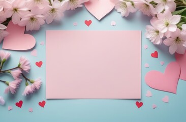 Women's day background. Mothers Day. Pink background with place for text, hearts and cherry flowers, top view. Beautiful card. Flat layout.