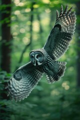 Fototapeta premium Forest Flight: Gray Owl Soaring Through Woodland.