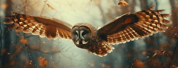 Silent Wings: Gray Owl Gliding in Forest Canopy.