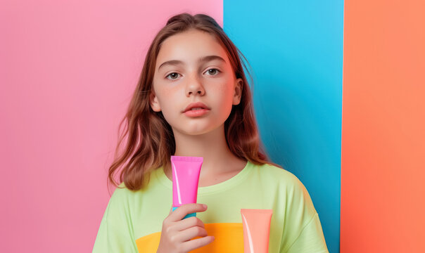 young girl in vibrant neon pastel shirt presenting colorful skincare tubes