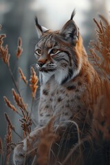 Obraz premium Stealthy Stare: Impressive Lynx Resting Close to Rock in Forest.