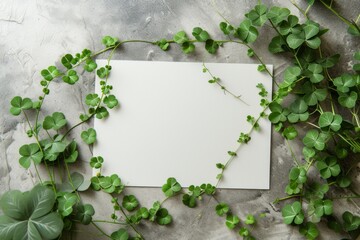 Blank greeting card surrounded by vibrant green clover leaves for St. Patrick's Day celebration
