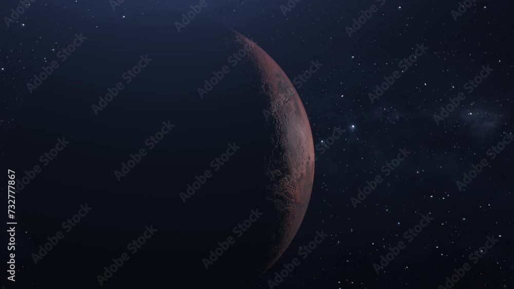 Wall mural mars from the other side. flight around mars. milky way view.