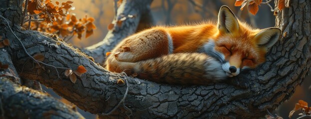 Mossy Slumber: Captivating Images of a Red Fox Sleeping on a Moss-Covered Log.