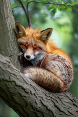 Obraz premium Fox in Repose: Breathtaking Photography Featuring a Red Fox Resting on a Mossy Log.