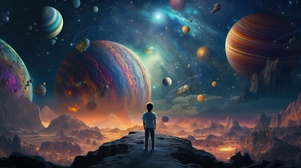 cartoon style art, kid dreaming about space