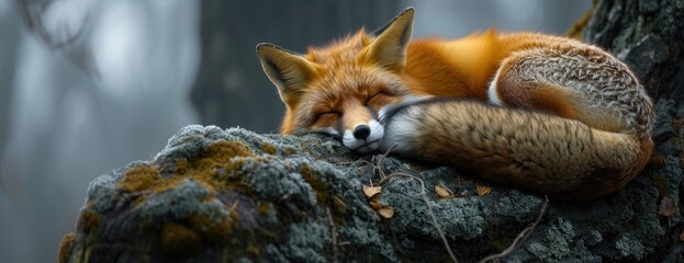 Images of a Red Fox Sleeping Peacefully on a Tree Branch.