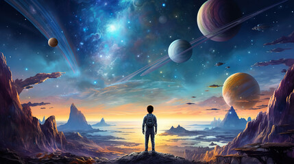 Obraz premium cartoon style space art, kid astronaut and planets