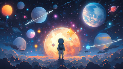 cartoon style space art, kid astronaut and planets