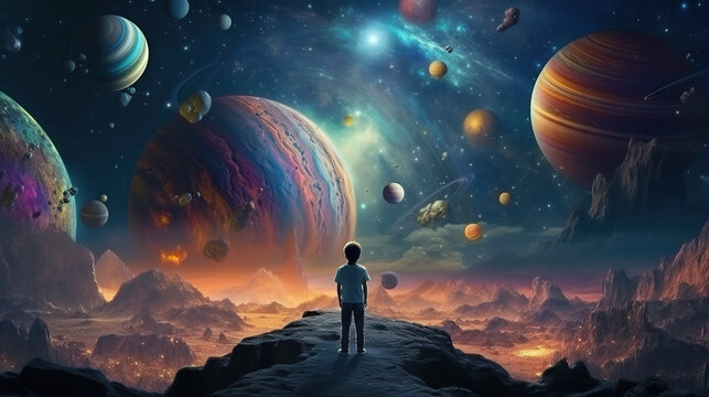 cartoon style art, kid dreaming about space