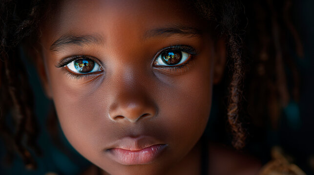 Retrato de niña negra joven, morena de ojos negros, primer plano, con fondo desenfocado