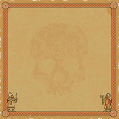 Square Parchment with Viking Warriors, Norse Frame, Skull