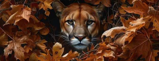 Raamstickers a puma lion standing behind some fallen leaves © Landscape Planet