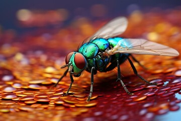 Close-up of colorful fly on a surface. Generative AI