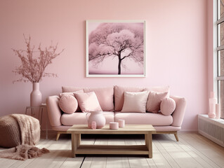 Modern living room space, modern interior design, monochromatic pink color scheme