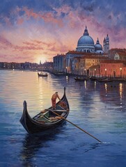 Twilight Venice: Romantic Gondola on Riverside Scene - Vintage Art Print - obrazy, fototapety, plakaty