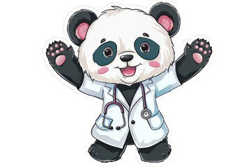 cute happy panda doctor illustration, stickers style for kids design, playful cartoon character
