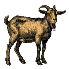 Obraz premium Colored picture of goat, woodcut, old vintage style, hand drawn simple graphics, isolated on white background 