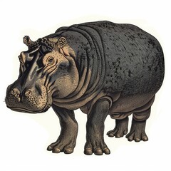 Fototapeta premium Colored picture of hippo, woodcut, old vintage style, hand drawn simple graphics, isolated on white background