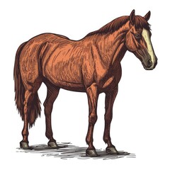 Colored picture of horse, woodcut, old vintage style, hand drawn simple graphics, isolated on white background