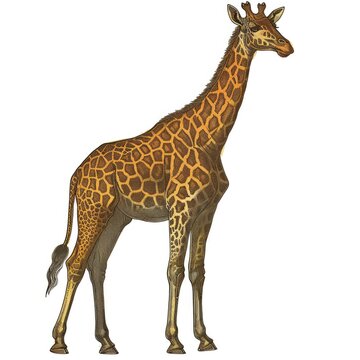 Colored picture of giraffe, woodcut, old vintage style, hand drawn simple graphics, isolated on white background