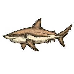 Colored picture of shark, woodcut, old vintage style, hand drawn simple graphics, isolated on white background 