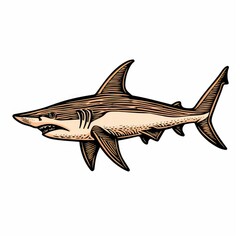 Fototapeta premium Colored picture of shark, woodcut, old vintage style, hand drawn simple graphics, isolated on white background 