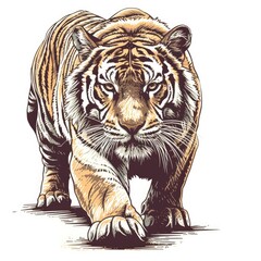 Colored picture of tiger, woodcut, old vintage style, hand drawn simple graphics, isolated on white background